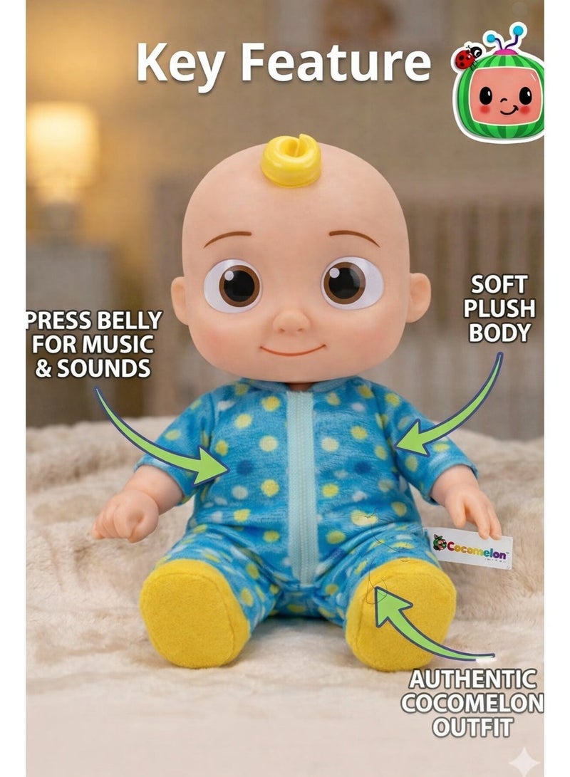 Musical Bedtime JJ Doll Coco-melon Baby Toy – Soft Plush Body Toy for Toddlers 18M+ | Plays Nursery Rhymes & Sounds | JJ Figure in Blue Polka-Dot Pajama Romper with Yellow Feet | Sleep Companion & Birthday Gift for Boys & Girls - Image 3